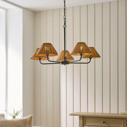 Jericho 5 Light Matt Black & Dark Rattan Pendant Ceiling Light