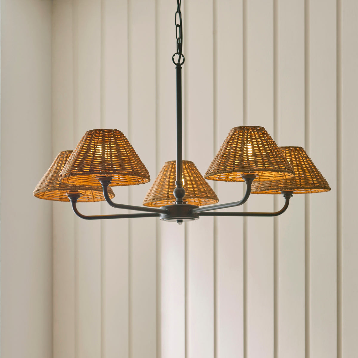 Jericho 5 Light Matt Black & Dark Rattan Pendant Ceiling Light