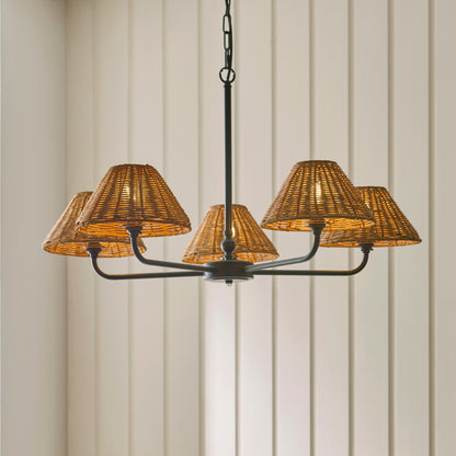 Jericho 5 Light Matt Black & Dark Rattan Pendant Ceiling Light