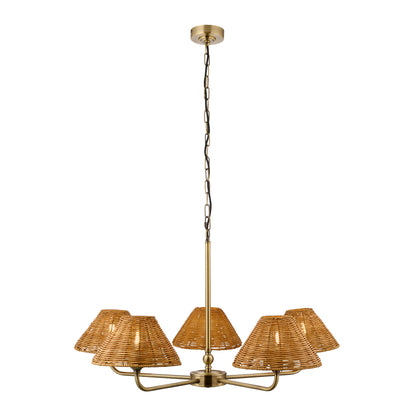 Jericho 5 Light Antique Brass & Dark Rattan Pendant Ceiling Light