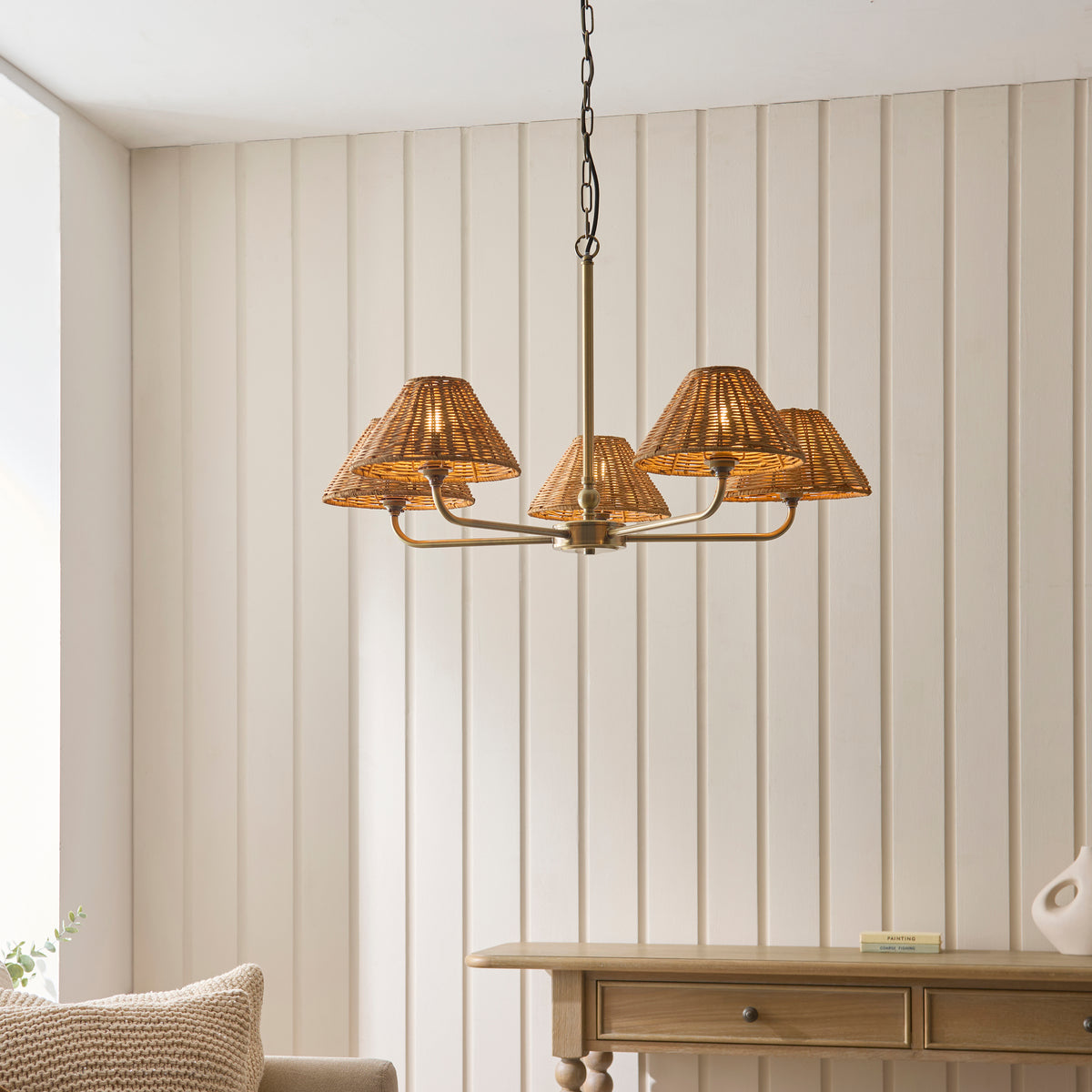 Jericho 5 Light Antique Brass & Dark Rattan Pendant Ceiling Light