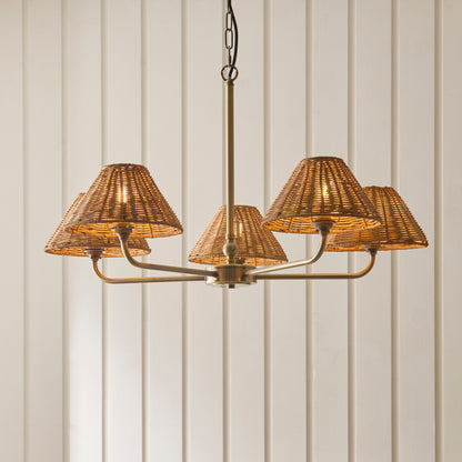 Jericho 5 Light Antique Brass & Dark Rattan Pendant Ceiling Light