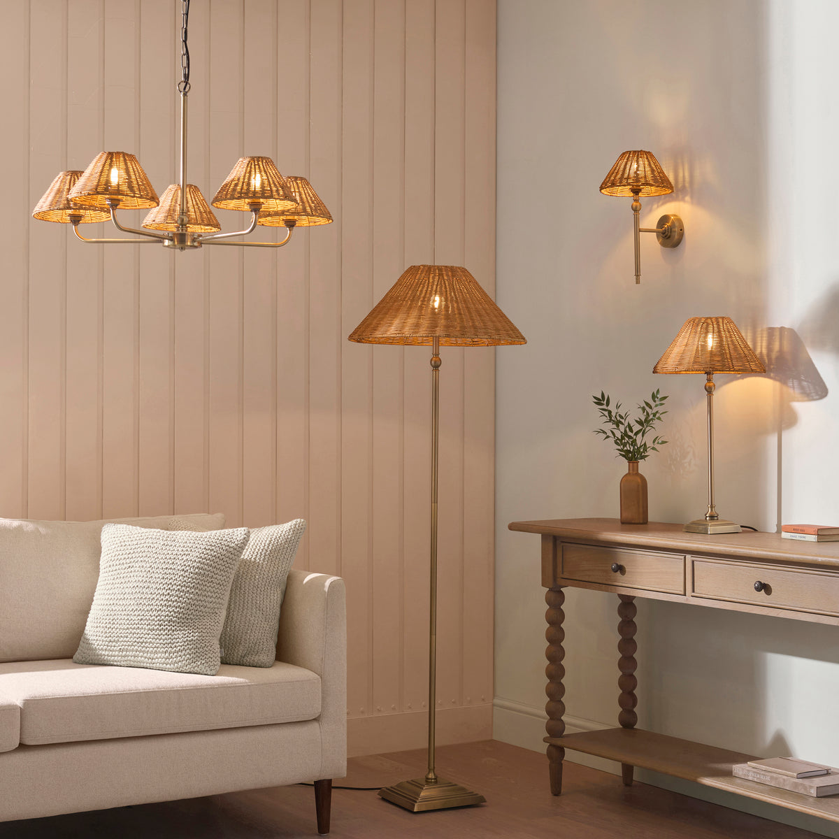 Jericho 5 Light Antique Brass & Dark Rattan Pendant Ceiling Light