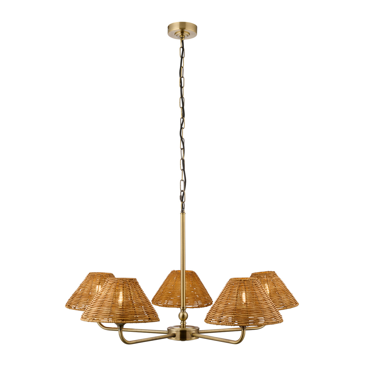 Jericho 5 Light Antique Brass & Dark Rattan Pendant Ceiling Light