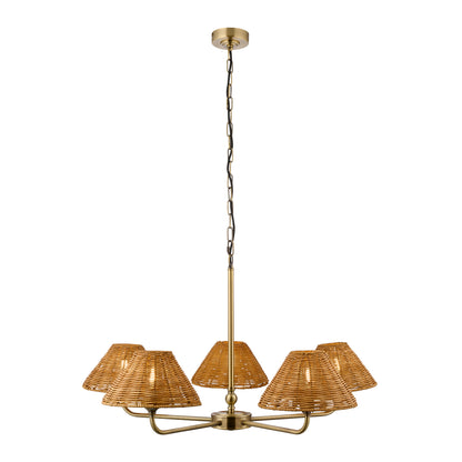 Jericho 5 Light Antique Brass & Dark Rattan Pendant Ceiling Light