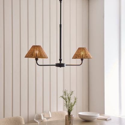 Jericho 2 Light Matt Black & Dark Rattan Linear Pendant Light