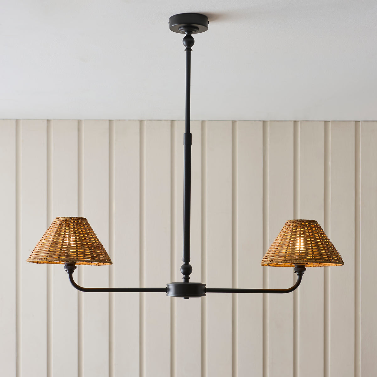 Jericho 2 Light Matt Black & Dark Rattan Linear Pendant Light