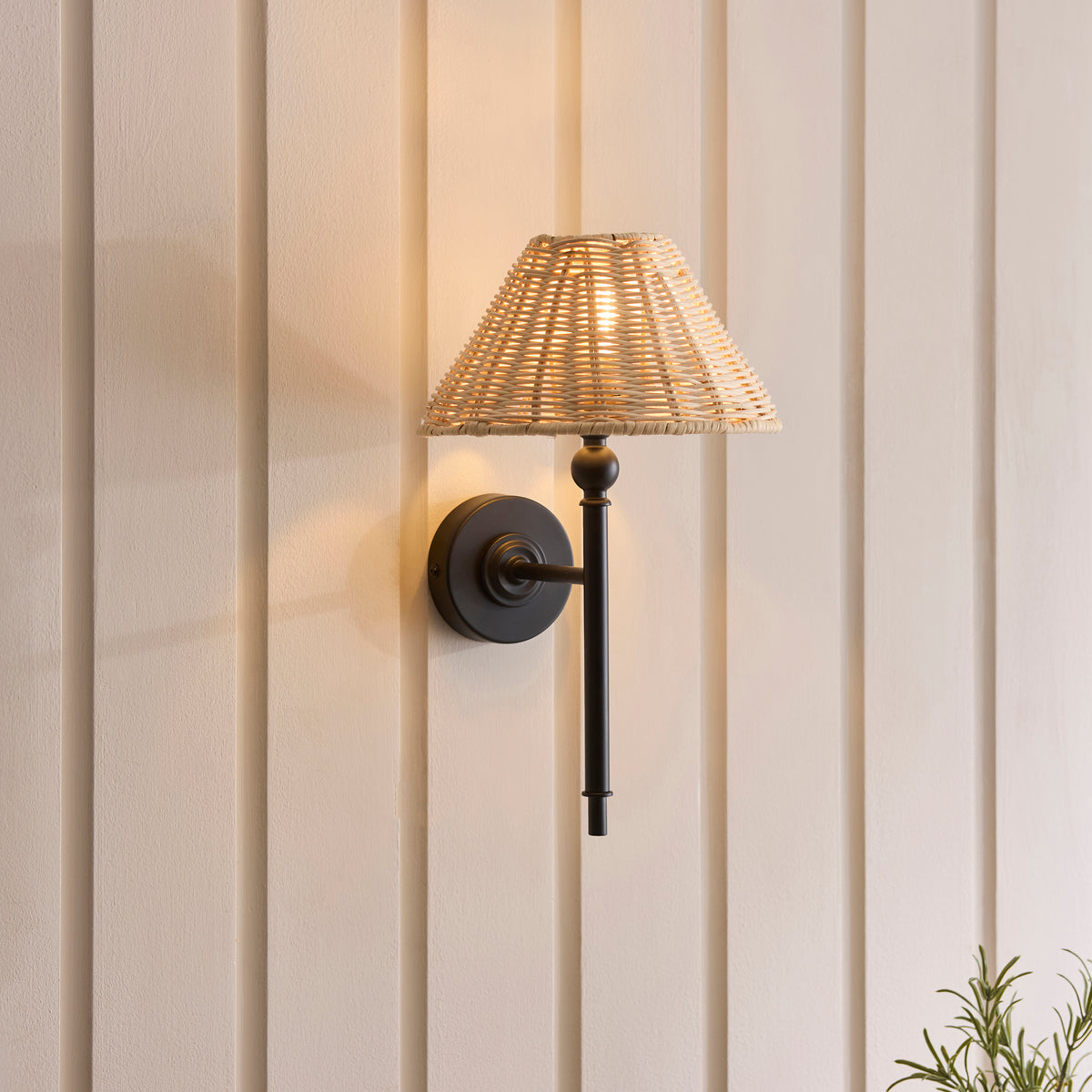Jericho Matt Black & Natural Rattan Wall Light
