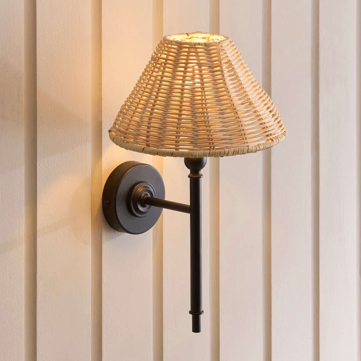 Jericho Matt Black & Natural Rattan Wall Light
