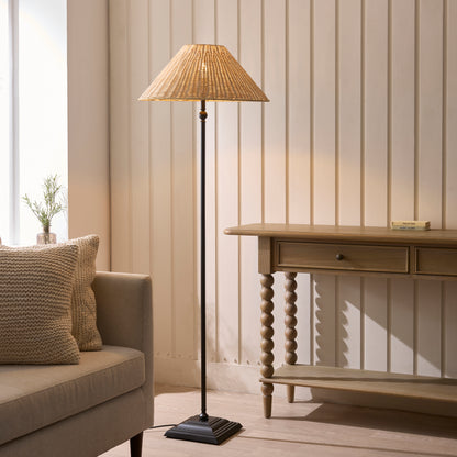 Jericho Matt Black & Natural Rattan Floor Lamp