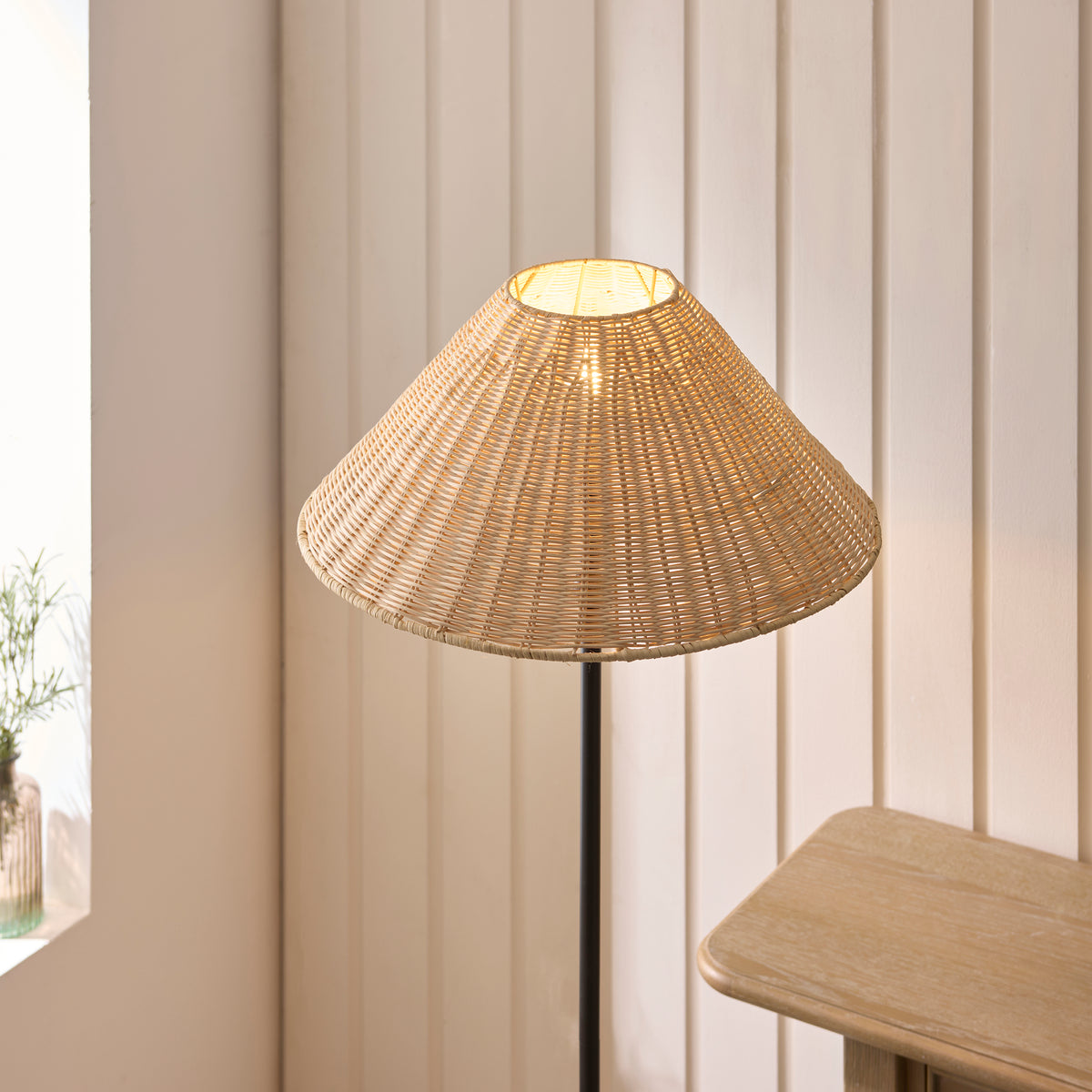 Jericho Matt Black & Natural Rattan Floor Lamp