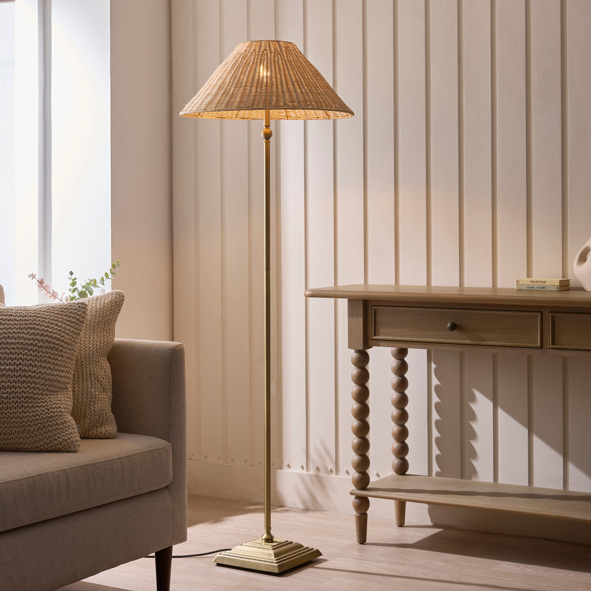 Jericho Antique Brass & Natural Rattan Floor Lamp