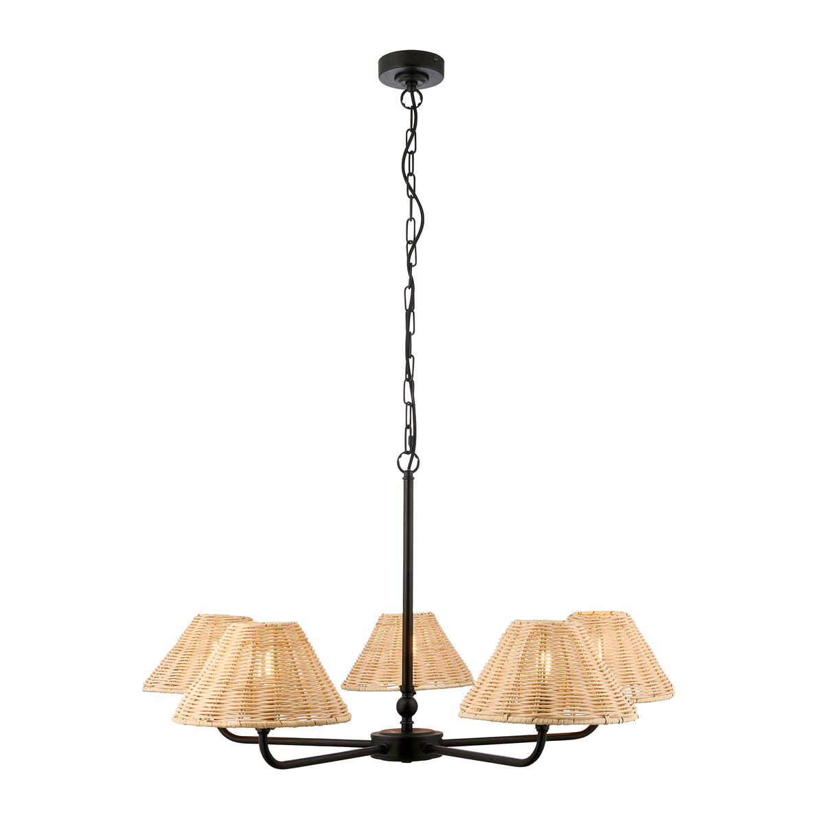 Jericho 5 Light Matt Black & Natural Rattan Pendant Ceiling Light