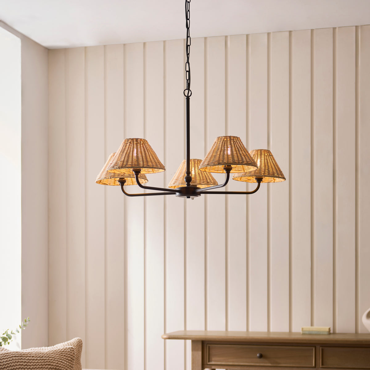 Jericho 5 Light Matt Black & Natural Rattan Pendant Ceiling Light