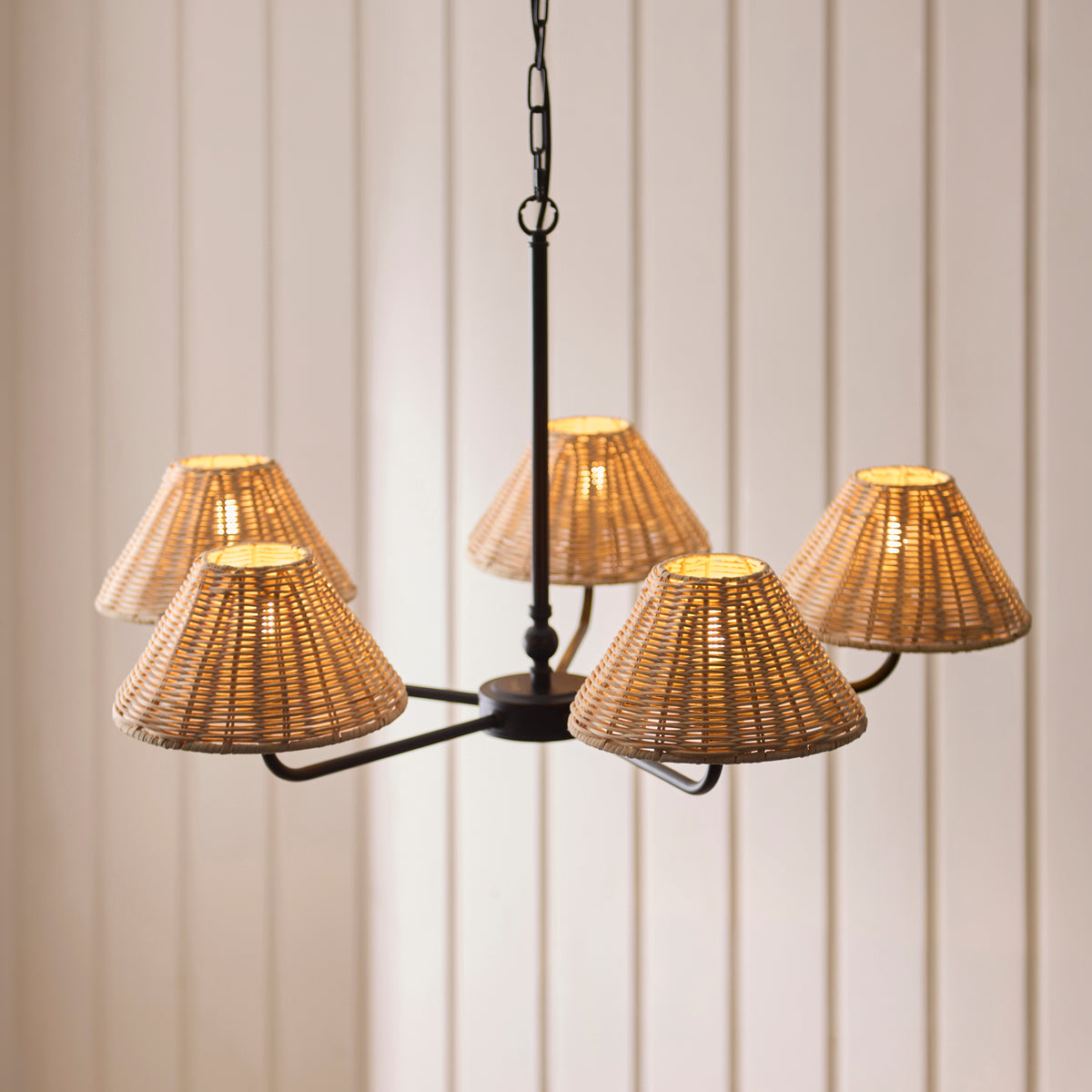 Jericho 5 Light Matt Black & Natural Rattan Pendant Ceiling Light