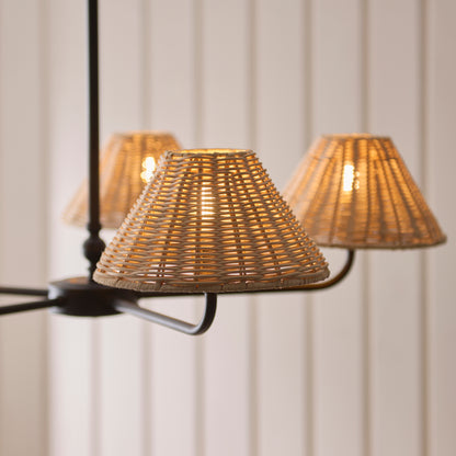 Jericho 5 Light Matt Black & Natural Rattan Pendant Ceiling Light