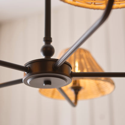 Jericho 5 Light Matt Black & Natural Rattan Pendant Ceiling Light