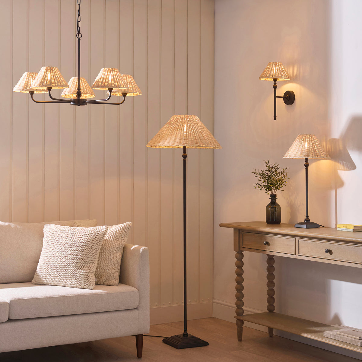 Jericho 5 Light Matt Black & Natural Rattan Pendant Ceiling Light