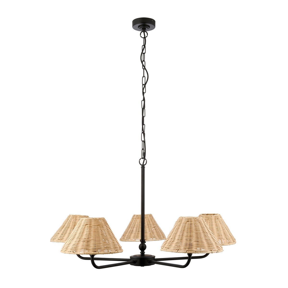 Jericho 5 Light Matt Black & Natural Rattan Pendant Ceiling Light