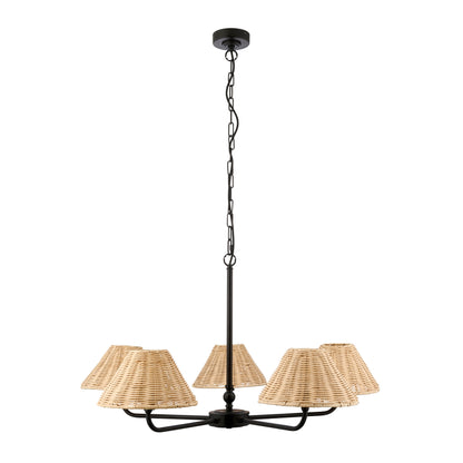 Jericho 5 Light Matt Black & Natural Rattan Pendant Ceiling Light
