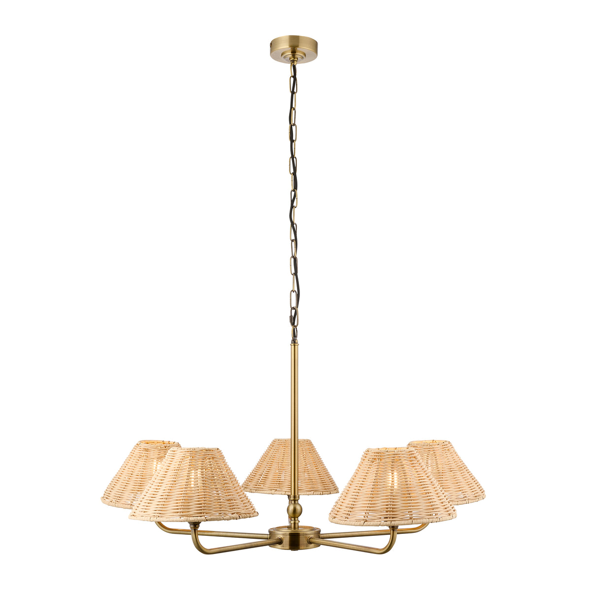 Jericho 5 Light Antique Brass & Natural Rattan Pendant Ceiling Light