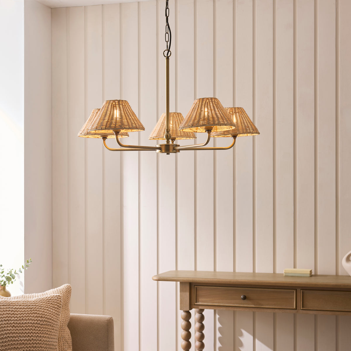 Jericho 5 Light Antique Brass & Natural Rattan Pendant Ceiling Light