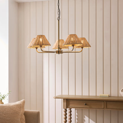 Jericho 5 Light Antique Brass & Natural Rattan Pendant Ceiling Light