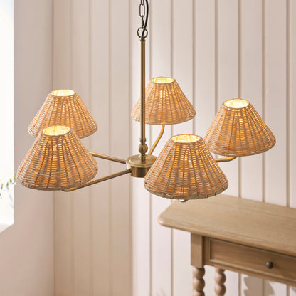 Jericho 5 Light Antique Brass & Natural Rattan Pendant Ceiling Light