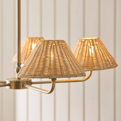 Jericho 5 Light Antique Brass & Natural Rattan Pendant Ceiling Light