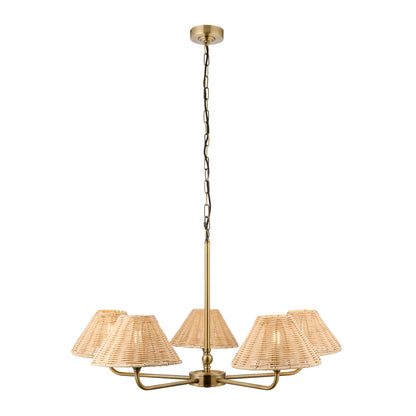 Jericho 5 Light Antique Brass & Natural Rattan Pendant Ceiling Light