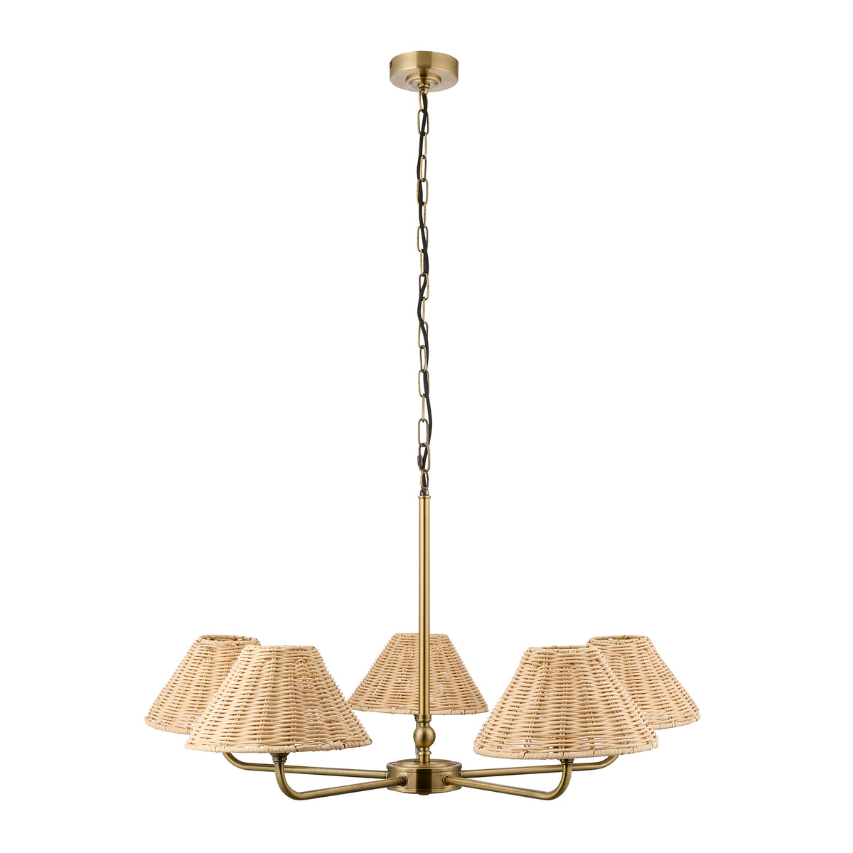 Jericho 5 Light Antique Brass & Natural Rattan Pendant Ceiling Light