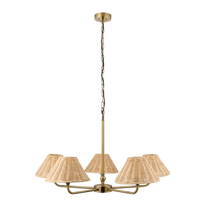 Jericho 5 Light Antique Brass & Natural Rattan Pendant Ceiling Light