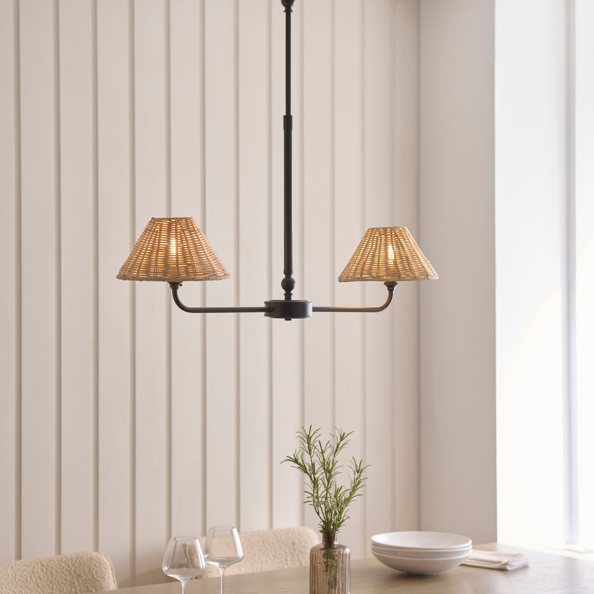Jericho 2 Light Matt Black & Natural Rattan Linear Pendant