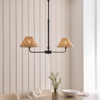 Jericho 2 Light Matt Black & Natural Rattan Linear Pendant