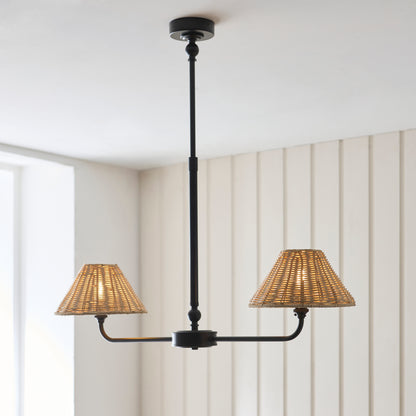 Jericho 2 Light Matt Black & Natural Rattan Linear Pendant