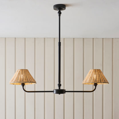 Jericho 2 Light Matt Black & Natural Rattan Linear Pendant
