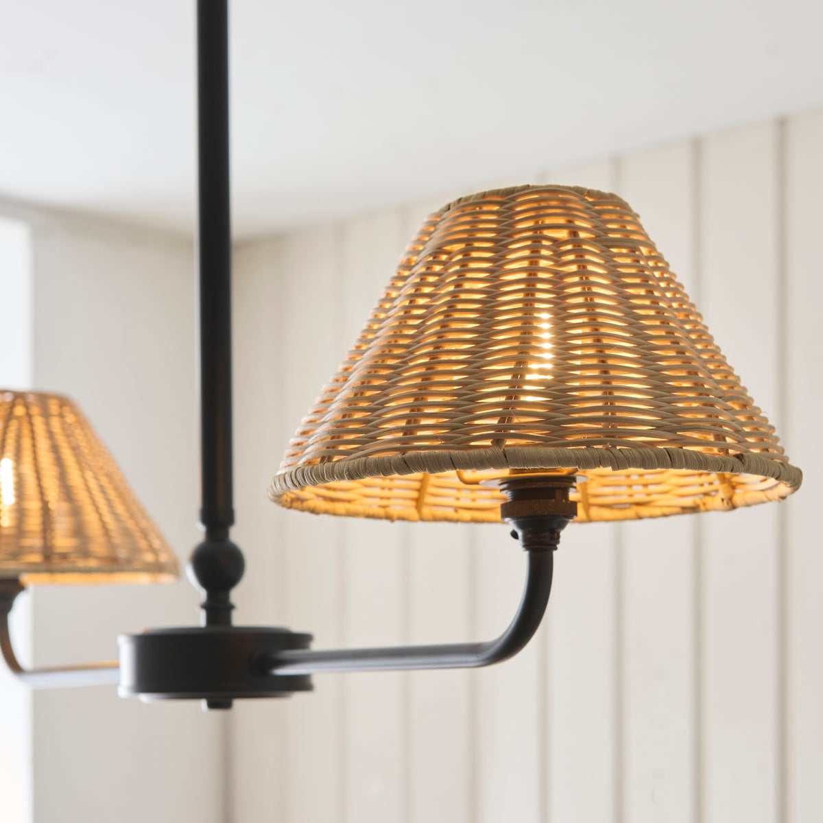 Jericho 2 Light Matt Black & Natural Rattan Linear Pendant