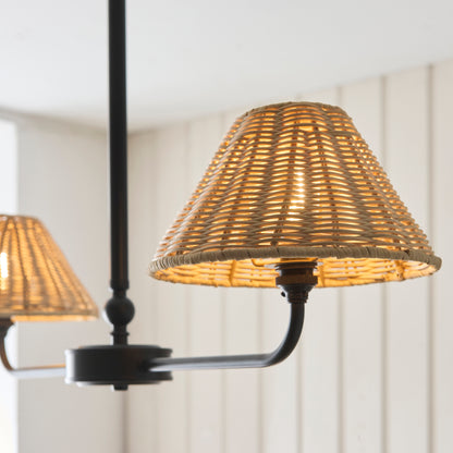 Jericho 2 Light Matt Black & Natural Rattan Linear Pendant
