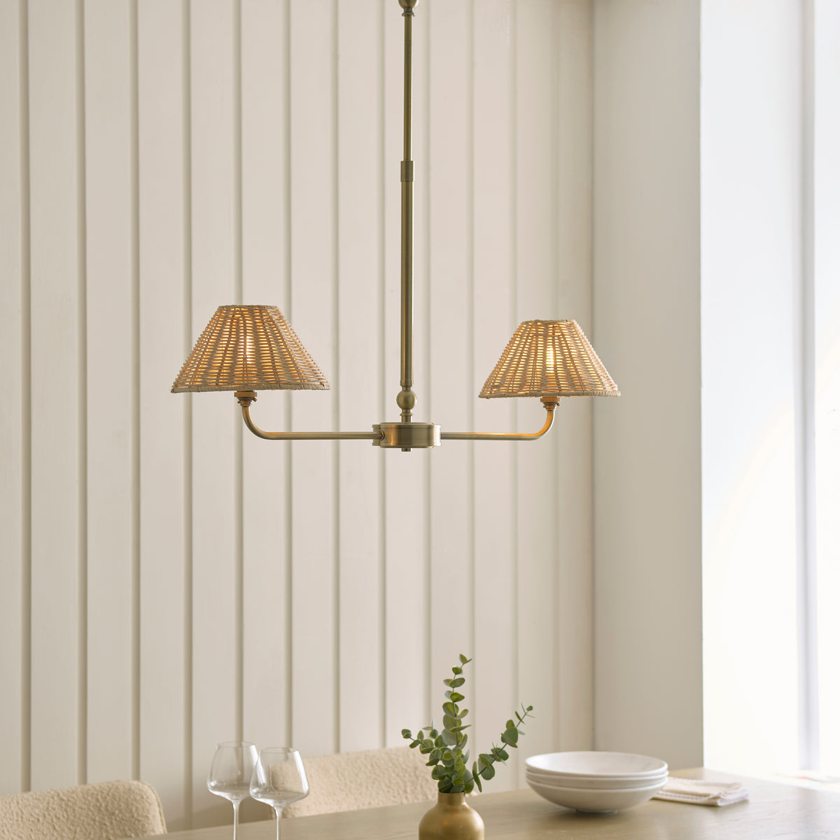 Jericho 2 Light Antique Brass & Natural Rattan Linear Pendant