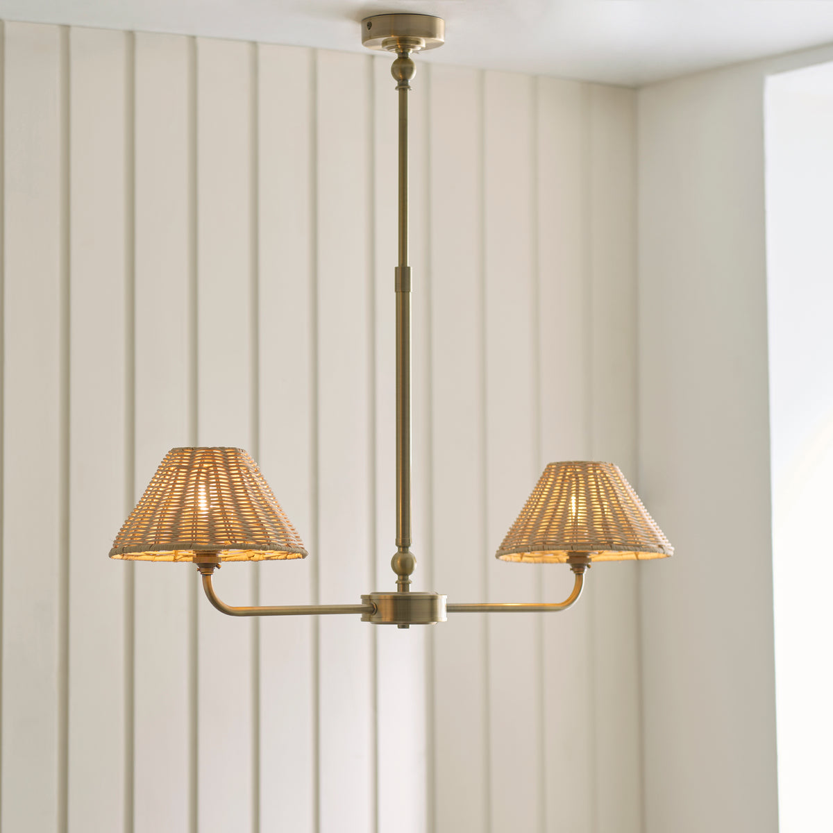 Jericho 2 Light Antique Brass & Natural Rattan Linear Pendant