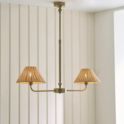 Jericho 2 Light Antique Brass & Natural Rattan Linear Pendant