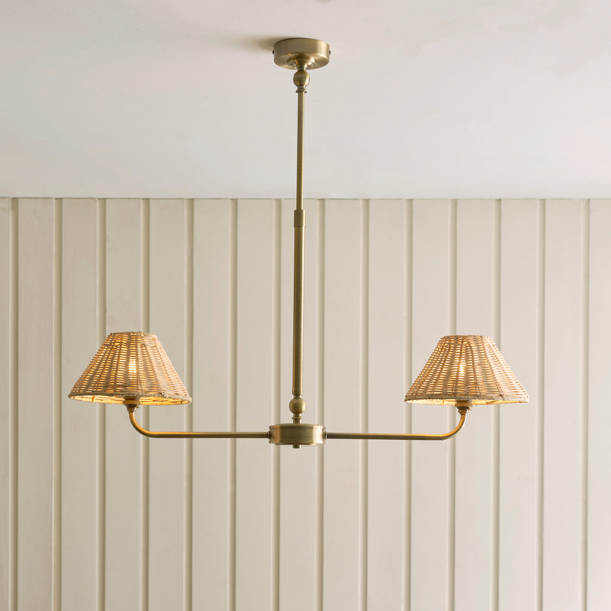 Jericho 2 Light Antique Brass & Natural Rattan Linear Pendant