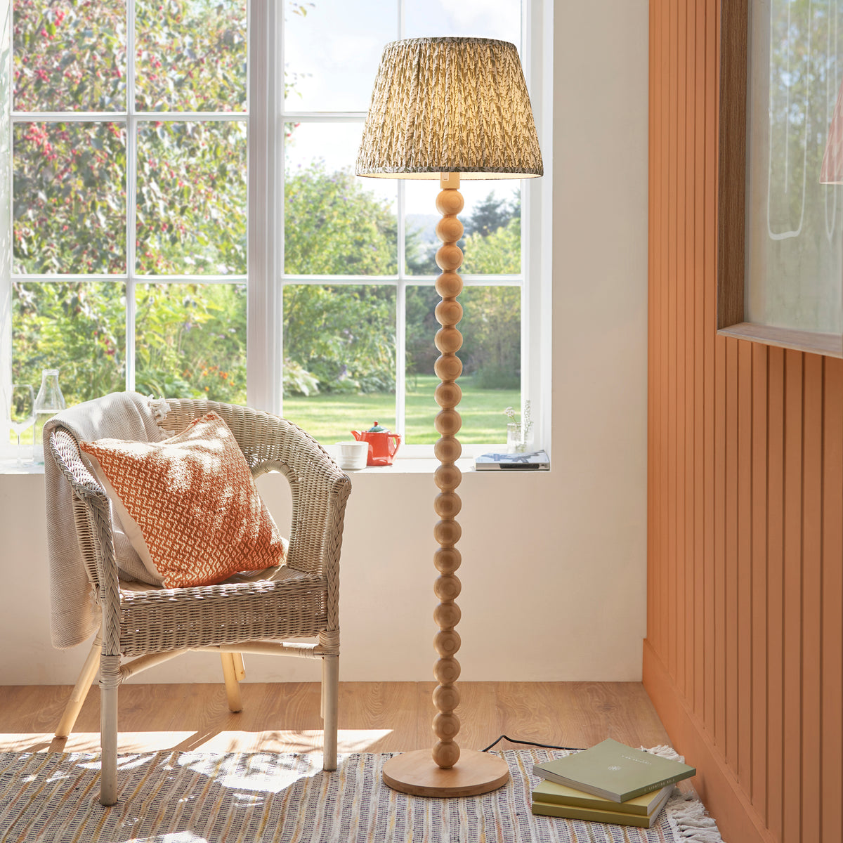 Cane Bamboo Floor Lamp with Green Leaf Shade