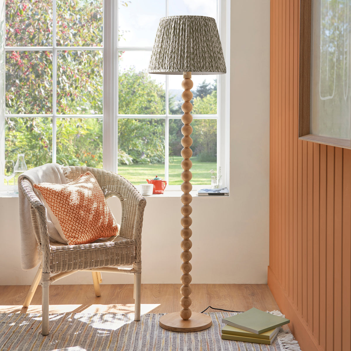 Cane Bamboo Floor Lamp with Green Leaf Shade