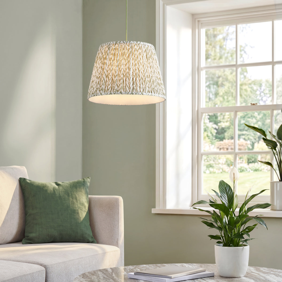 Eltham Aged Brass Pendant with Green Leaf Shade
