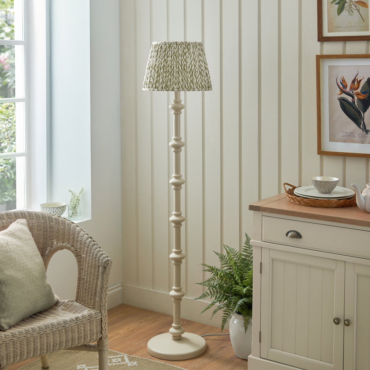Carnaby Almond White Spindle Floor Lamp with Green Leaf Shade