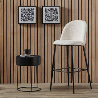 Turi White Boucl√© Fabric and Black Metal Bar Stool