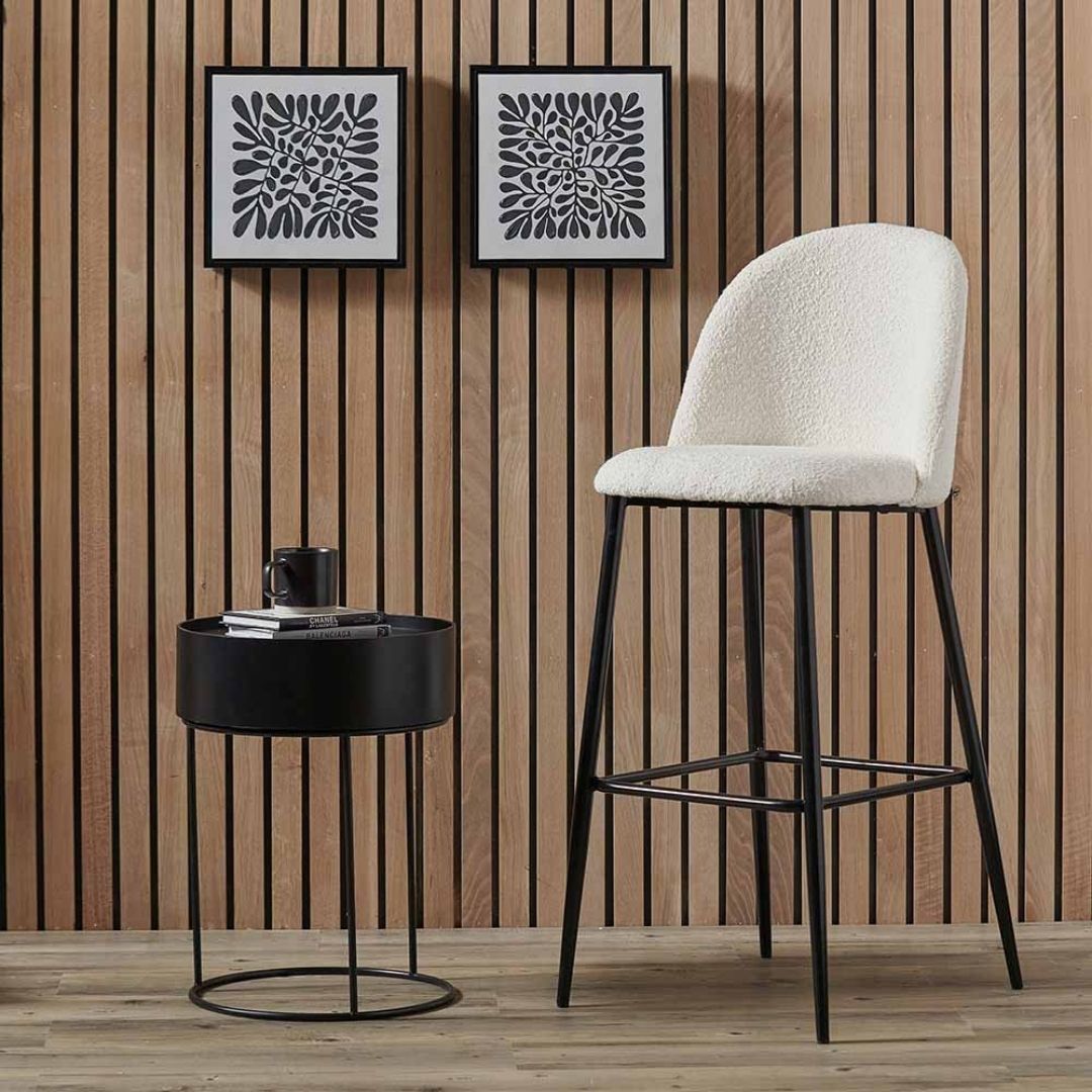 Turi White Bouclé Fabric and Black Metal Bar Stool