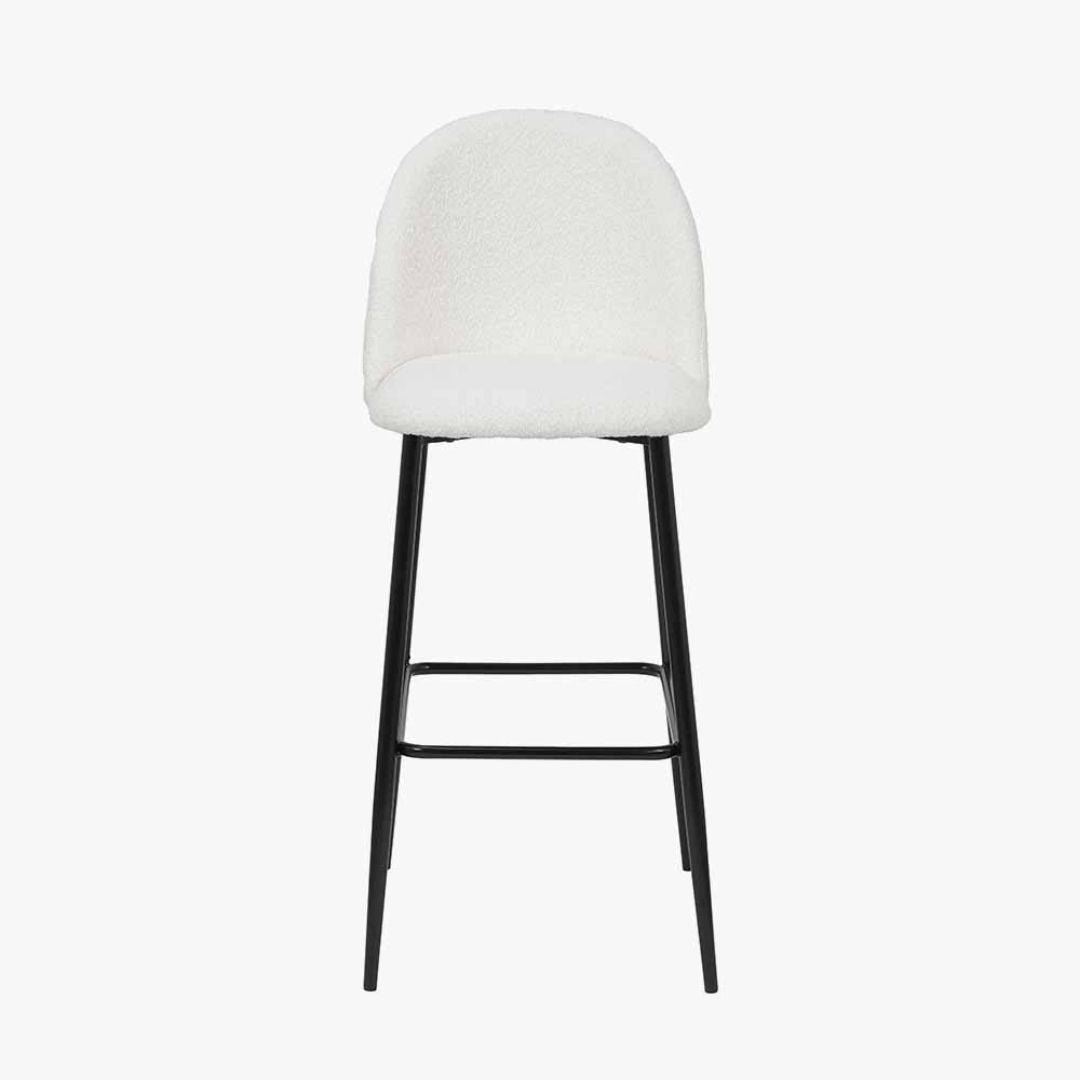 Turi White Bouclé Fabric and Black Metal Bar Stool