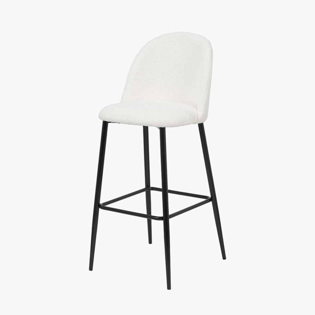 Turi White Bouclé Fabric and Black Metal Bar Stool